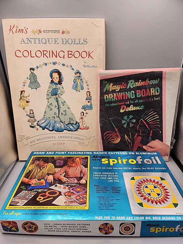 Vintage Spirofoil, Rainbow Drawing Board & Coloring Book: Vintage Spirofoil, Rainbow Drawing Board & Coloring Book. Includes a Kenner Spirofoil draw and paint kit, in good condition, appears to have all parts and many supplies, box has some wear and a split 