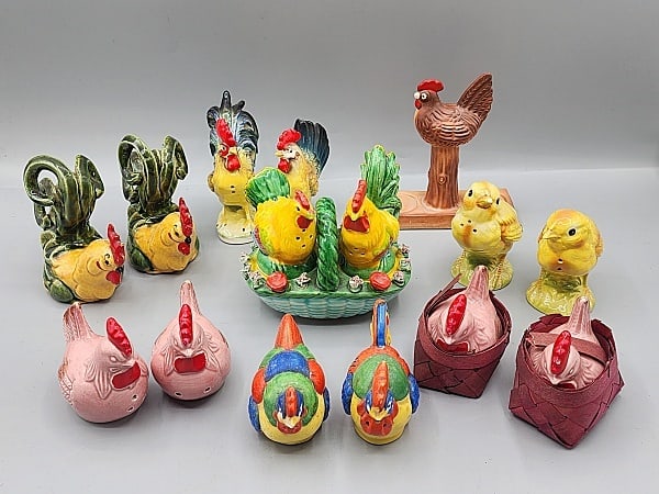 Vintage Salt and Pepper Shakers-Chickens: Vintage Salt and Pepper Shakers-Chickens. 7 pairs of S&P shakers along with a stand, all with chickens, roosters, and chicks. Shakers measure from 2"-4 1/2". They are all porcelain or ceramic. Group i