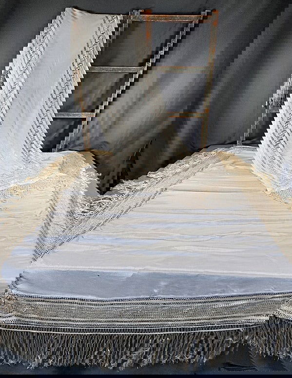 2 Vintage Silk Piano Covers: 2 Vintage Silk Covers, possibly for a piano, or table or buffet...or wear them! Ivory silk with drawnwork and fringe on the 2 short sides measures 24x76" plus 9" fringe . And an off white rectangular