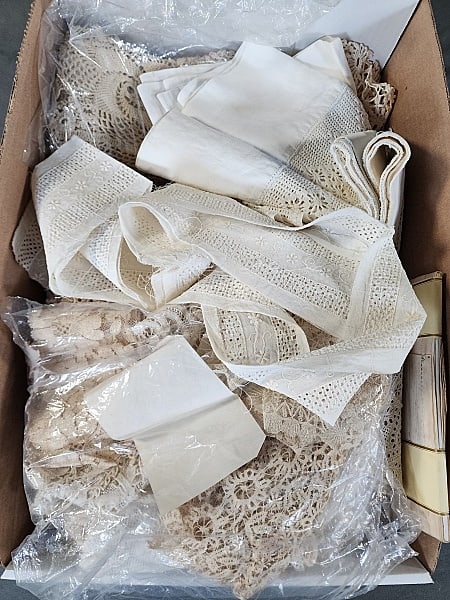 Large Group of Antique and Vintage Lace: Large Group of Antique and Vintage Lace with examples of Battenberg, crochet, bobbin lace, Broderie Anglaise, Alecon, filet crochet, and more. Mostly by hand, some machine laces, too. There is a 6 yar