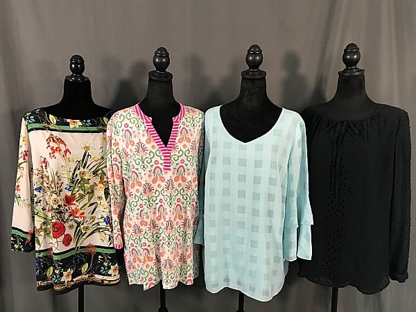 Group of 4 Ladies Blouses and Tops- Linea and More: Group of 4 Ladies Blouses and Tops- Linea and More. The group includes a silky polyester floral print blouse for Linea by Louis Del'Olio. Featuring a beautiful spring floral print. Including lilies, d