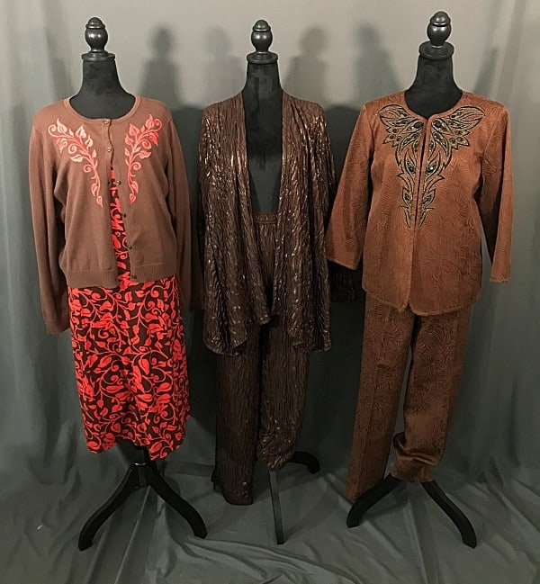 Group of 3 Ladies Matching Sets by Bob Mackie: Group of 3 Ladies Matching Sets by Bob Mackie. The group includes 1 brand new ladies sz L, brown and coral vine print dress and matching cardigan set. Comes with original tags still attached as well a