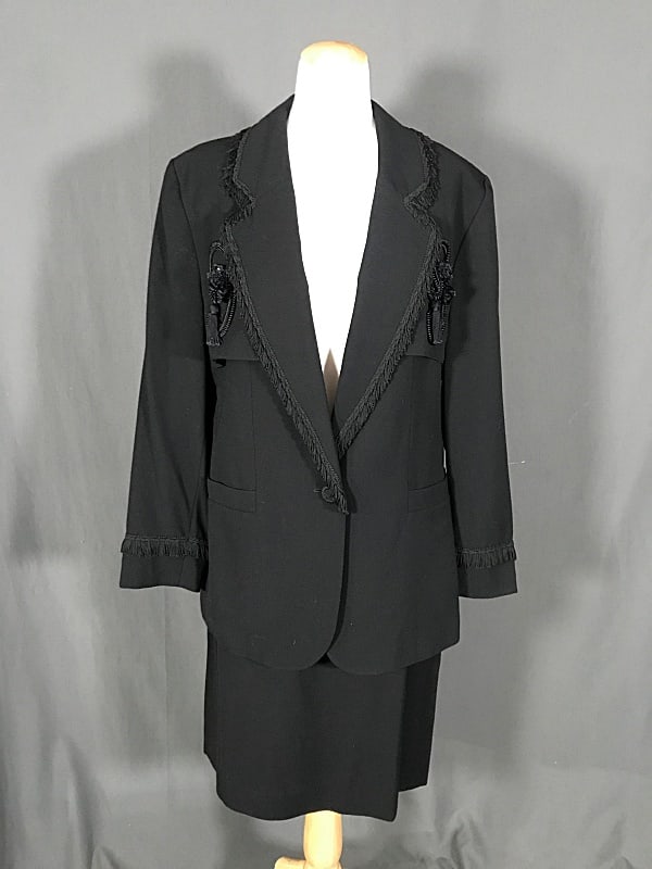 Vintage Ladies Black Jacket and Skirt- Givenchy En Plus: Vintage Ladies Black Jacket and Skirt c1980- Givenchy En Plus. This chic ladies sz 12W vintage Black set from Givenchy En Plus features a notch collar, single button blazer with black fringe, tassels,