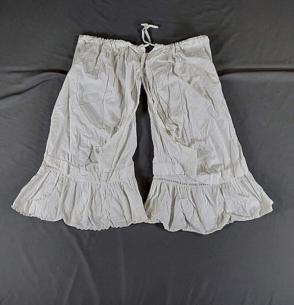 Edwardian Split Crotch Bloomers: Edwardian split crotch bloomers, cotton, with adjustable drawstring waist, lace detail, embroidery, and scalloped hem. Good condition with tear near waist and a few small holes. If you have any doubt,