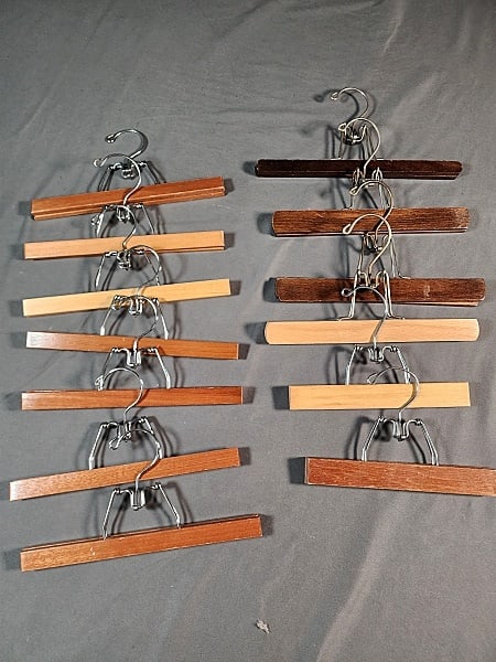 Group of 13 Wooden Pant/Skirt Hangers: Group of 17 vintage patterns c1980s from Vogue, French Boutique, Vogue Paris Original (Givenchy, Christian Dior, Chloe, Yves St Laurent, Pierre Balmain, Pierre Cardin), Vogue American Design, Vogue Ba