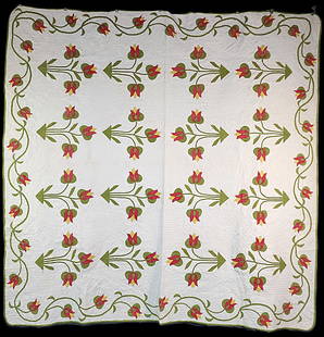 Antique 1862 Red and Green Tulip Quilt: Antique 1862 Red and Green Tulip Quilt has the date April The 24, 1862 hand quilted in the quilt. It measures 81 x 80". It is comprised of 16 appliqué Tulip blocks, 11.5" x 11.5", set on point, 4