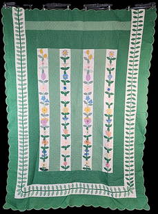 Vintage c1935 Magic Vine Quilt: Vintage c1935 Magic Vine Quilt is a Nancy Page (Florence LeGanke) pattern. It measures 72 by 97 inches. It is comprised of 7 5.5 inch vertical bars with alternating rows of flowers and strips of