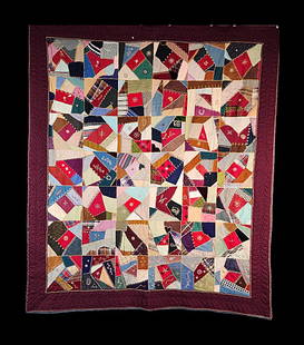 Antique c1900 Crazy Quilt-Lola: Antique c1900 Crazy Quilt measuring 68 by 80 inches. It is comprised of 42 crazy quilt blocks, 10 by 10, set straight, 6 by 7, with a 5.5 inch burgundy wool border. It is hand pieced, hand appliquéd,