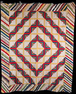 Antique c1900 Log Cabin Comfort Quilt: Antique c1900 log cabin comfort quilt in a barn raising arrangement measures 66"x 80". It is comprised of 80 blocks 6 1/2" x 6 1/2" set straight, 8x10 with a 7" scrappy border with logs on the