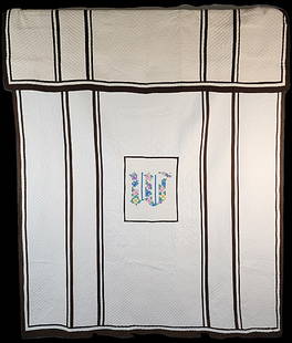 Vintage c1930 Monogram W Quilt, Bolster: Vintage off-white with brown thin stripe pieced quilt with a very elaborate pieced monogram W center in an Anne Orr style. Quilt measures 72" x 84". The monogram center is 15"x18" and is comprised of