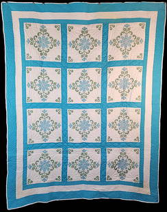 Vintage 1950s Cross Stitch Kit Quilt: Vintage 1950s Cross Stitch Kit Quilt in turquoise & green on white measuring 72"x 92". It is comprised of 12 blocks, 16"x16", set straight, 3x4, with 2.75" turquoise sashing and a triple border: 1.75"