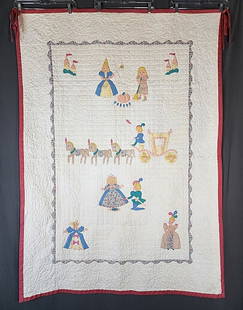 Vintage c1950s Cinderella Childs Quilt: Vintage c1950s Cinderella Childs Quilt measuring 48" x 66". Medallion style with a center field of various Cinderella motifs including Cinderella, the Fairy Godmother, Pumpkin & Mice, horse drawn carr