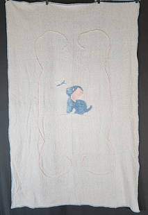 Vintage 1950s Chenille Baby Bed  Cover: Vintage 1950s Chenille Baby Bed Cover measuring 39"x 59". White with sweet pink and blue dog with a butterfly in the center. It is in good condition with some loss to the chenille. In house Flat Rate