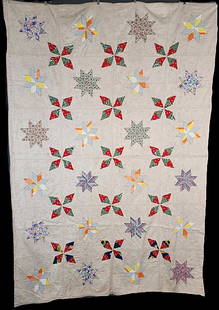 Vintage ci1950s Lemoyne Star Summer Quilt: Vintage ci1950s Lemoyne Star Summer Quilt Measuring 55x93 inches. It is comprised of 24 blocks, 16.5x16.5 Inches, set straight, 4 by 6. The 8 pointed Lemoyne Star is appliquéd to the center of each s