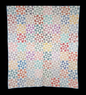 Vintage c1930s Hearts and Gizzard Comfort Quilt: Vintage c1930s Hearts and Gizzard Comfort Quilt measuring 73 by a 83 inches. It is comprised of 72 blocks, 9 by 9 inches, set straight, 8 by 78 by 9. It is hand and machine pieced. The backing is a vi