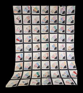 Vintage c1930 Grandmothers Fan Summer Quilt: Vintage c1930 Grandmothers Fan Summer Quilt or Counterpane. It measures 63x82" and is comprised of 63 blocks, 8x8", set staight, 7 by 9, with 1.25" sashing and border. There is no batting or quilting,