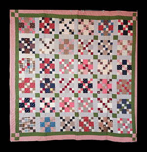 Antique c1890 Puss In the Corner Quilt: Antique c1890 Puss In the Corner Quilt measuring 74"x73". It is comprised of 36 blocks, 9"x9", set straight, 6x6, with 2.5" sashing and green print cornerstones. There is a 2" green print inner border