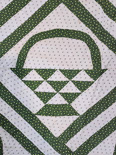 Antique c1880 Basket Quilt: Antique c1880 Basket Quilt Measuring 91x 91". It is comprised of 32 basket blocks, 10.5 x 10.5", set on point, 4 by 4, with a triple 3.5" wide green white and green print sash and shirting setting tri