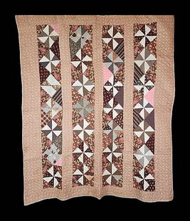 Antique c1880 Pinwheels Quilt - Bars Setting: Antique c1880 Pinwheels Quilt - Bars Setting measuring 70 x 83". There are 4 bars, 10" wide consisting of 7 pinwheels, 7.5 x 7.5 ", set on point. There are 4.5" light brown print alternating bars, 8"