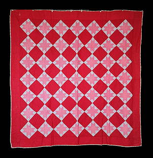 Antique c1900 Ohio Star Quilt: Antique c1900 Ohio Star Quilt measuring 77x78". It is comprised of 49 Ohio Star blocks, 7x7" set on point, 7 by 7, with red print alternating squares, setting triangles, and 5" border. Thin cotton bat