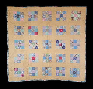 Vintage c1940 9 Patch Quilt: Vintage c1940 9 Patch Quilt Measuring 76x 73". It is comprised of 25 9 patch blocks, 9x9", set straight, 5 by 5, with 4.5" yellow print sash and 6" yellow print border. It is hand and machine pieced,