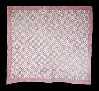 Antique c1910 Kansas Star Quilt: Antique c1910 Kansas Star Quilt measuring 67x73". It is comprised of 56 blocks, 8.5x8.5", set straight, 7 by 8, with a double pink print 3.5" border. It is hand pieced and hand quilted. Thin cotton ba