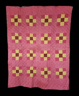 Antique c1880s Really Pink 9 Patch Quilt - Bars Back: Antique c1880s Really Pink 9 Patch Quilt with a Colorful Strippy Bars Back. It measures 65 by a 84 inches. It is comprised of 16 9 patch blocks, 10.5x10.5", set straight, 4 by 4. There is 5" wide vert