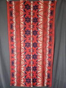 Vintage Wool Camp or Trade Blanket: Vintage Wool Camp or Trade Blanket in reddish brown, blue, brown and white, measures 42x74". The long edges are finished. No tag. In fair condition with a few small holes and thinning. In house