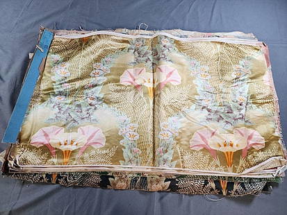 Antique 1899 French Fabric Sample Book A: 31 Antique 1899 French Fabric Samples. The same large scale floral design in various colorways and fabrics including cotton, silk, and velvet. They are tied together along one edge with a wood binding