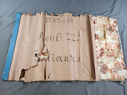 Antique 1892 French Fabric Sample Book CC: 5 Antique c1892 French Fabric Samples in Book, all the same large scale floral motif in different colorways in Satin Couverture, Velvet, and Reps. They are attached together along one edge with a wood