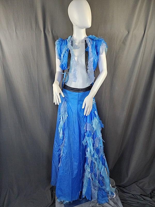 Rubber and Nylon Lace Up Skirt, Top: Y2K black rubber and nylon in shades of blue. Long lace-up skirt with top by Gaelyn and Cianfarani. Skirt features recycled rubber waistband and area down the back for lacing. Skirt is shades of blue,