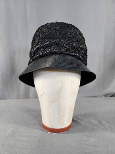 Vintage c1960 Black Bucket Hat by Mr John Jr: Vintage c1960 Black Satin Bucket Hat by Mr.John Jr. The hat features a classic 60's style with a black satin body, a tall soft crown fully embellished with soutache embroidery applied in a free form w