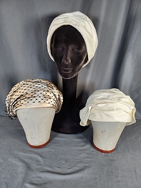 3 Vintage Ladies Turban Hats - Mr Kurt and More: 3 Vintage Ladies Turban Hats - Mr Kurt and More. The group includes 1 vintage c1970 ivory polyester draped and pleated turban by/from Meyers Brothers in Paterson NJ. Featuring a Dutch cap inspired fee