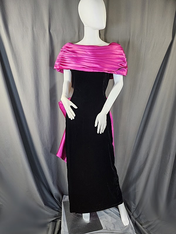 Vintage After 5 Black Velvet Pink Satin Gown: Vintage c1980s After 5 by Julie Duroche Black Velvet Gown Size 10 with a pink satin pleated wide off the shoulder bodice that wraps around to the back. There is a large matching pink bow on the back a