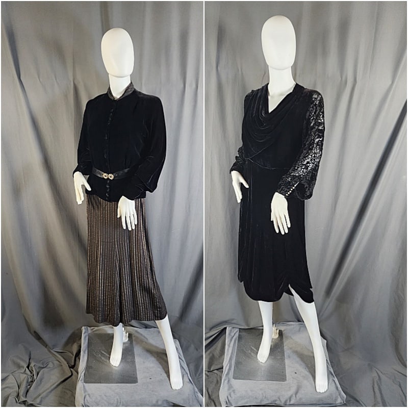 2 Vintage c1920 Dresses: 2 Vintage c1920 Dresses includes a c1940 dress features a black silk velvet outer sheath, a V neckline with snap closures, a front facing pointed bandana-like drape at the neck. As well as sheer blous