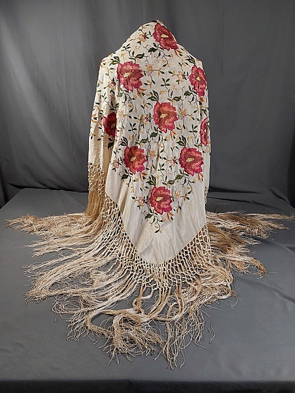 Antique Asian Embroidered Ivory Fringe Shawl (1 of 8)