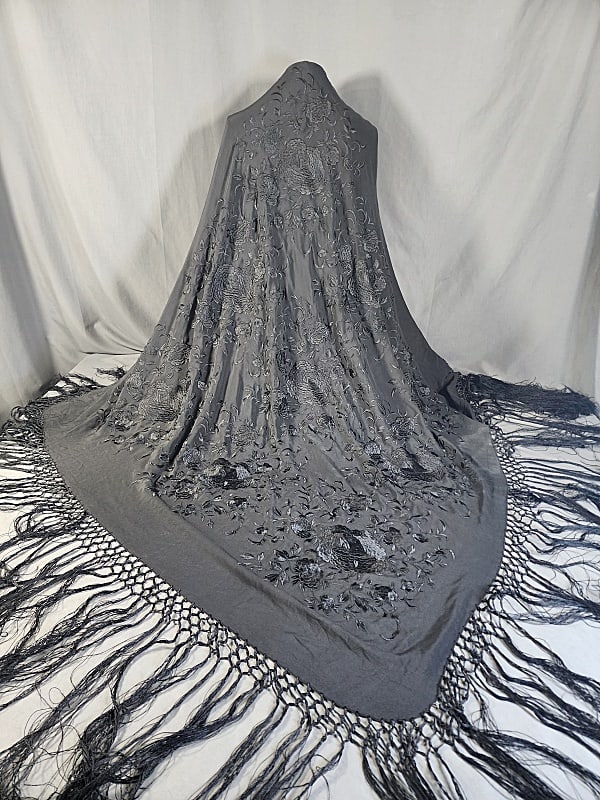 Antique Chinese Black Silk Embroidered Shawl (1 of 5)