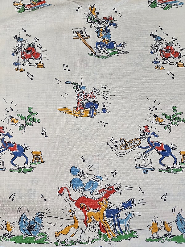 1 Vintage Rare Disney Character Feed Sack: 1 Vintage Rare Disney Character Feed Sack. The lot features 1 full rare Disney feed sack or possibly vintage yardage featuring Mickey Mouse, Goofy, Donald Duck, possibly Pluto and barn yard animals pl