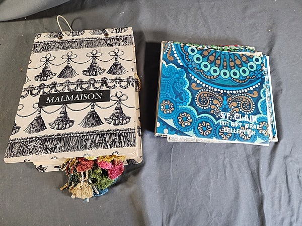 Vintage Malmaison Trim and 1971 Gift Wrap Samples: Vintage Malmaison Trim Swatch Book with twist fringe, gimp, and tassels in good condition Along with a 1971 St Clair Gift Wrap Collection Swatchbook. Both are good condition. The wrapping paper book h