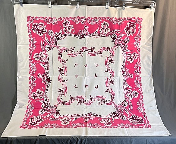 Vintage Printed Tablecloth - Pink and Maroon Floral (1 of 6)