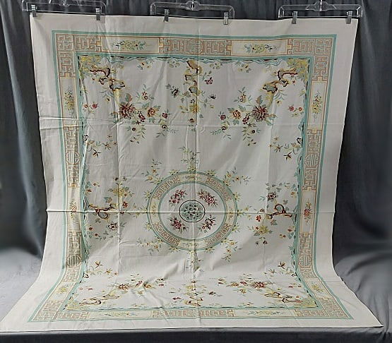 Vintage Printed Tablecloth-Asian Influence: Vintage printed natural rayon tablecloth with asian inspired design has bold aqua and brown border, along with flowers in shades of gold, red, and brown, and medallion in center, measures 66"x 55", go