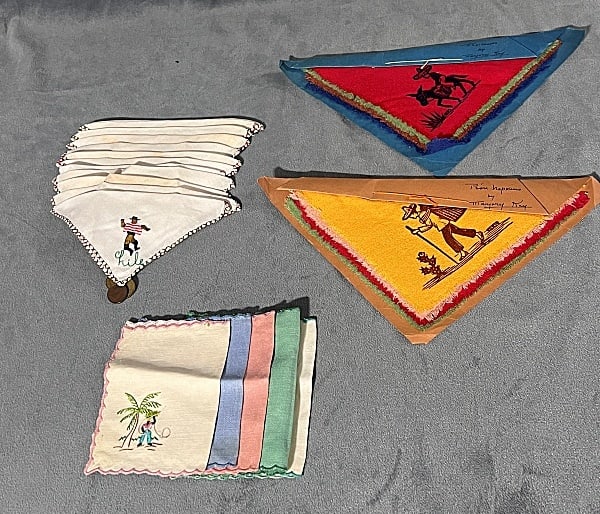 Vintage Cocktail Napkins - Central & South America: Vintage Cocktail Napkins - Central & South America. Includes 2 sets of 4 Mexican themed cotton colorful napkins printed with Mexican figures by Marjory Kay; 5 linen napkins embroidered with Caribbean 
