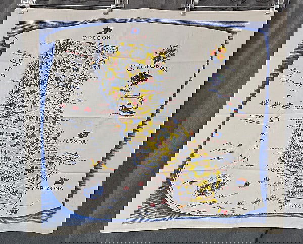 Vintage Souvenir Printed Tablecloth - California: Vintage Souvenir Printed Tablecloth -California, 31x36", cotton. Good condition with fold discoloration and scattered spotting. From the estate of Sharon Stark, noted Pennsylvania textile dealer and a