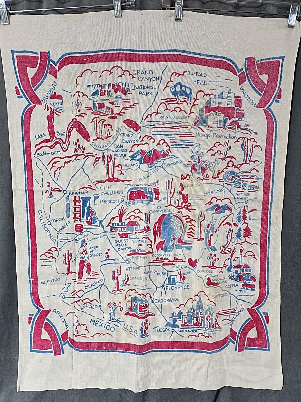 Vintage Souvenir Printed Tablecloth - Arizona: Vintage Souvenir Printed Tablecloth -Arizona ,30x37", cotton/linen. In fair condition with large yellow spots. From the estate of Sharon Stark, noted Pennsylvania textile dealer and award winning auth