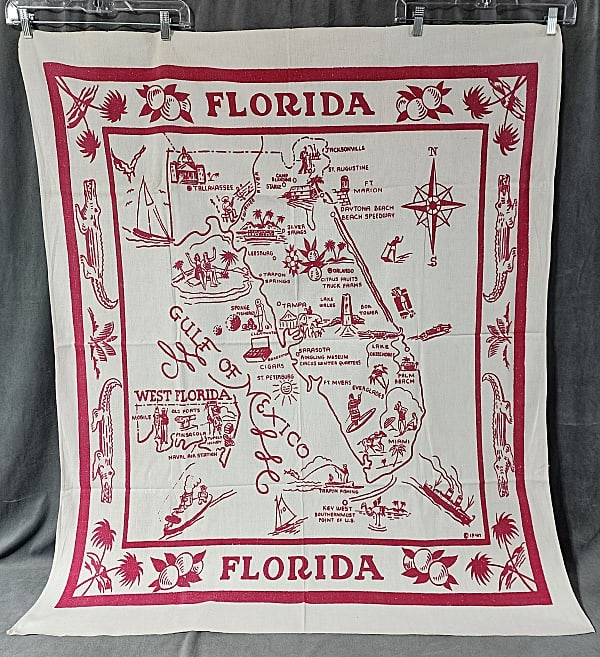 Vintage Souvenir Printed Tablecloth - Florida: Vintage Souvenir Printed Tablecloth -Florida with Red, 44x51", cotton. Copyright 1940. In very good condition. From the estate of Sharon Stark, noted Pennsylvania textile dealer and award winning auth