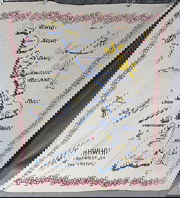 Vintage Souvenir Printed Tablecloth - Hawaii: Vintage Souvenir Printed Tablecloth -Hawaii, 46x51", cotton. In good condition with fading, and a large spot above Maui and other small spots From the estate of Sharon Stark, noted Pennsylvania textil