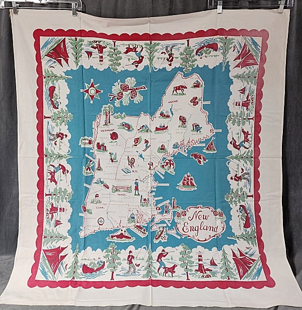 Vintage Souvenir Printed Tablecloth - New England: Vintage Souvenir Printed Tablecloth -New England with Connecticut, Massachusetts, Maine, Vermont, New Hampshire, and Rhode Island, 48x51", cotton. In good condition with fading. From the estate of Sha