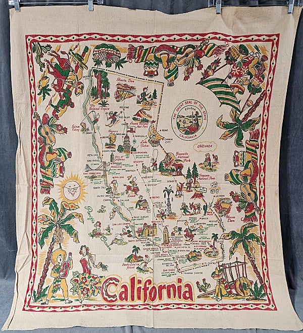 Vintage Souvenir Printed Tablecloth - California: Vintage Souvenir Printed Tablecloth -California with Great Seal, 46x52", cotton. In very good condition. From the estate of Sharon Stark, noted Pennsylvania textile dealer and award winning author. In