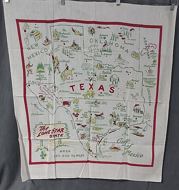 Vintage Souvenir Printed Tablecloth - Texas: Vintage Souvenir Printed Tablecloth - Texas The Lonestar State,33" x 36", linen, fair condition with a few spots and a thread pull. From the estate of Sharon Stark, noted Pennsylvania textile dealer a