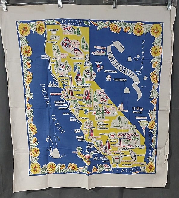 Vintage Souvenir Printed Tablecloth - California: Vintage Souvenir Printed Tablecloth - California, 34" x 36", cotton, fair condition with some spots, marks and fading. From the estate of Sharon Stark, noted Pennsylvania textile dealer and award winn